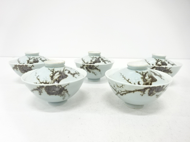 JAPANESE TEA CEREMONY / LIDDED TEA BOWL CHAWAN / SET OF 5 / UME / IROE